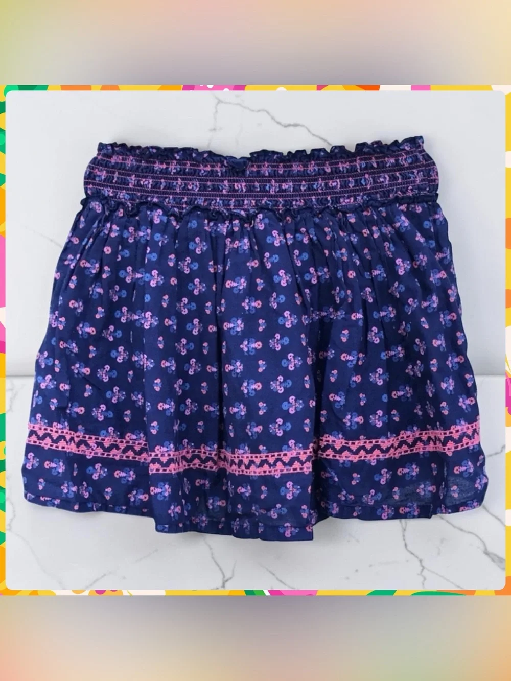 Girls OLD NAVY Navy Blue and Pink Floral Smocked Waist Cotton Skirt Size S Kids